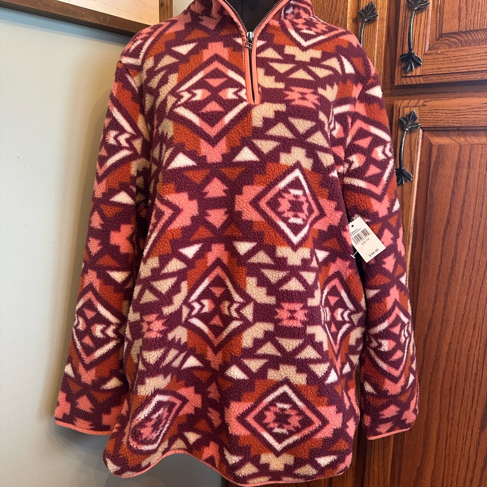 Mountain & Isles Geometric Patterned Fleece Pullover Maroon/Pink/Burnt Orange